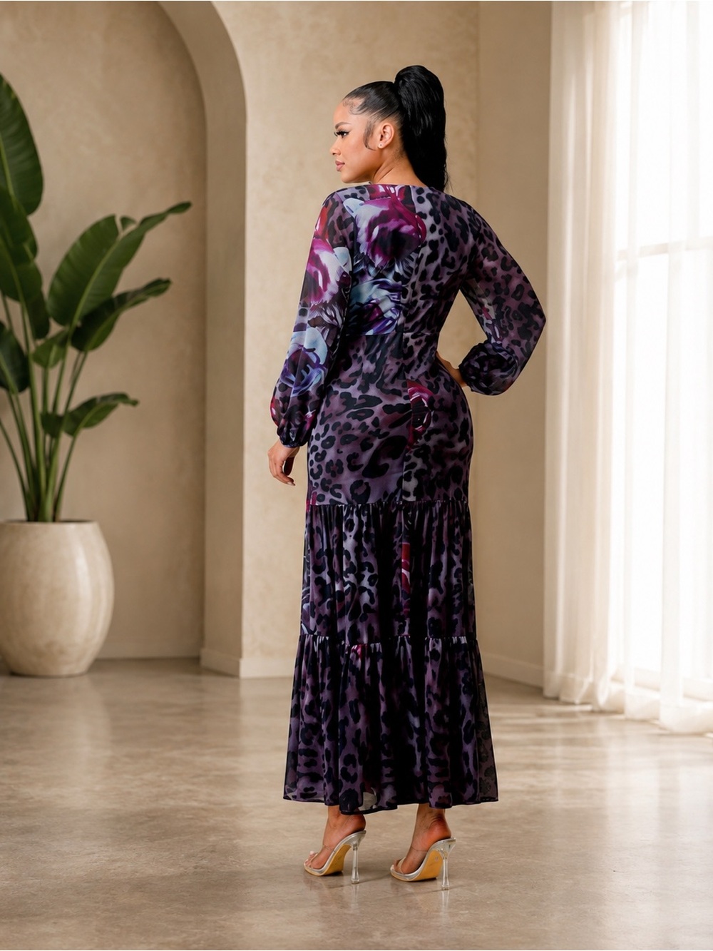 Floral Animal Print Long Sleeve V Neck Cut Out Maxi Dress - Picture 2 of 12